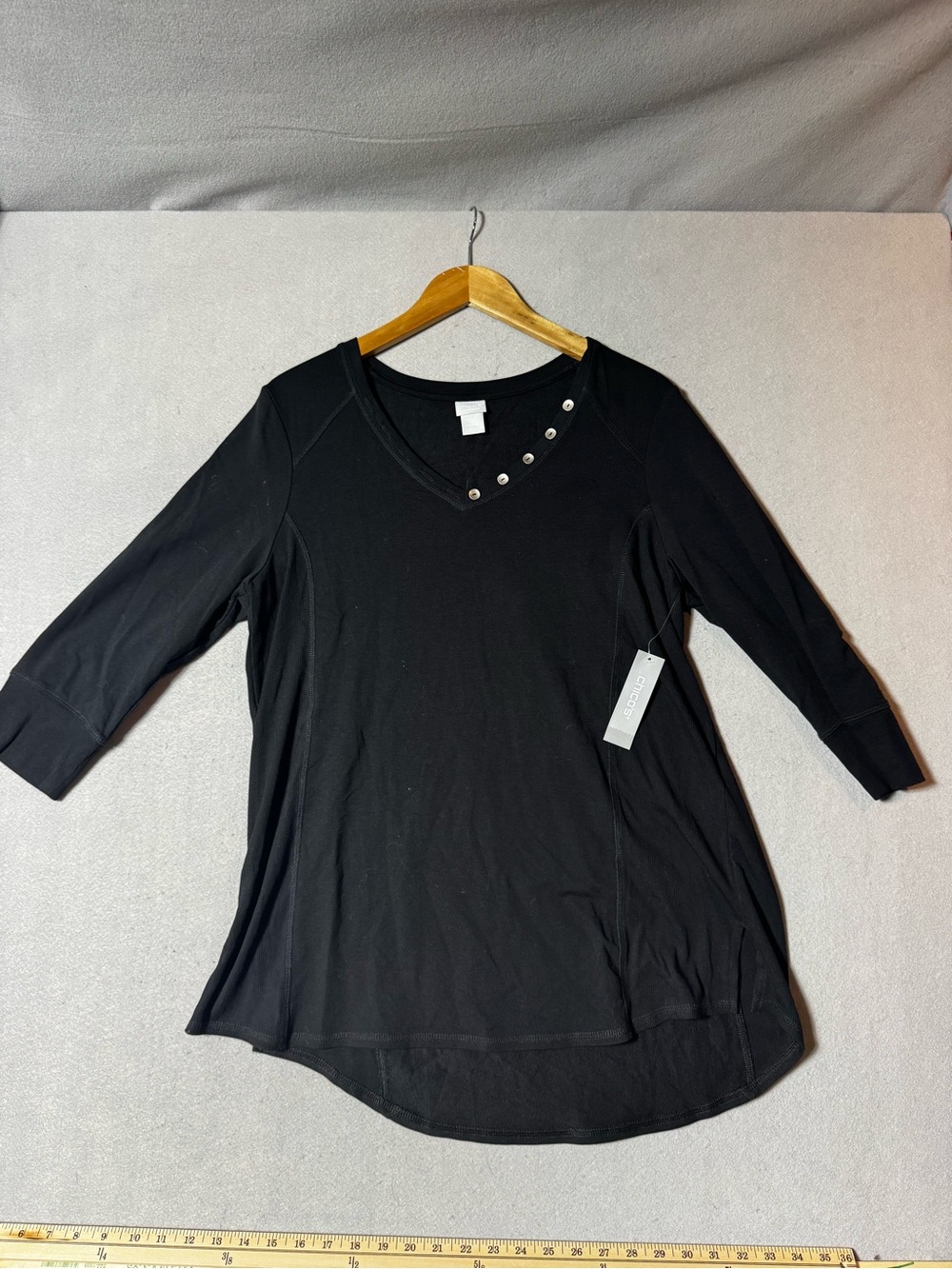 NWT Chico's Black V-Neck Long Sleeve Top with Grommet Accent